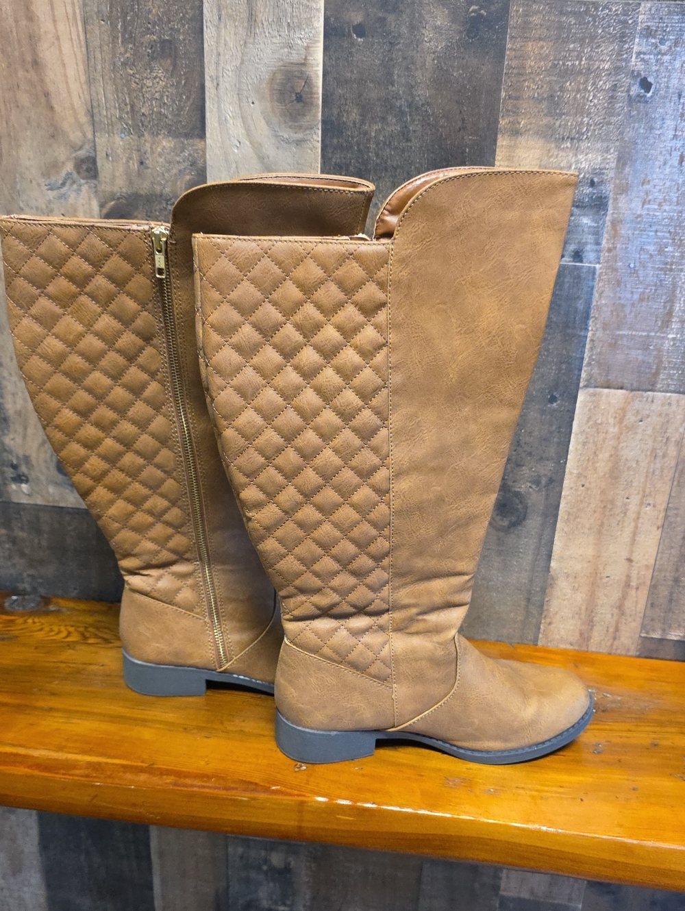 Women’s Wide Calf Quilted Knee High Tall Riding Boots - Tan, Size 8 Wide